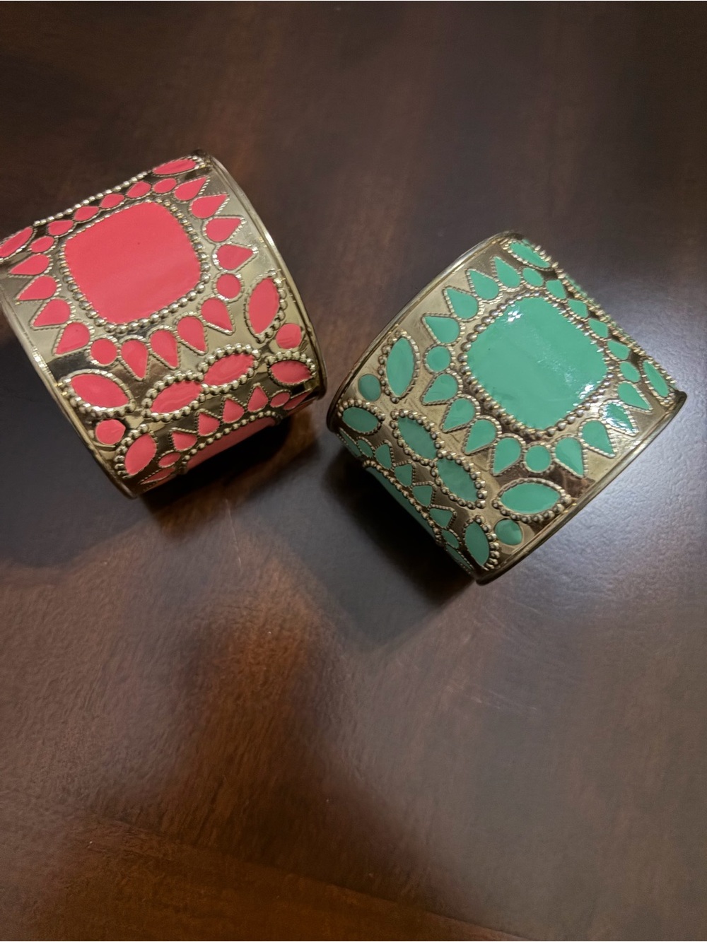 Gold-Tone Filigree Cuff Bracelet - Coral and Mint